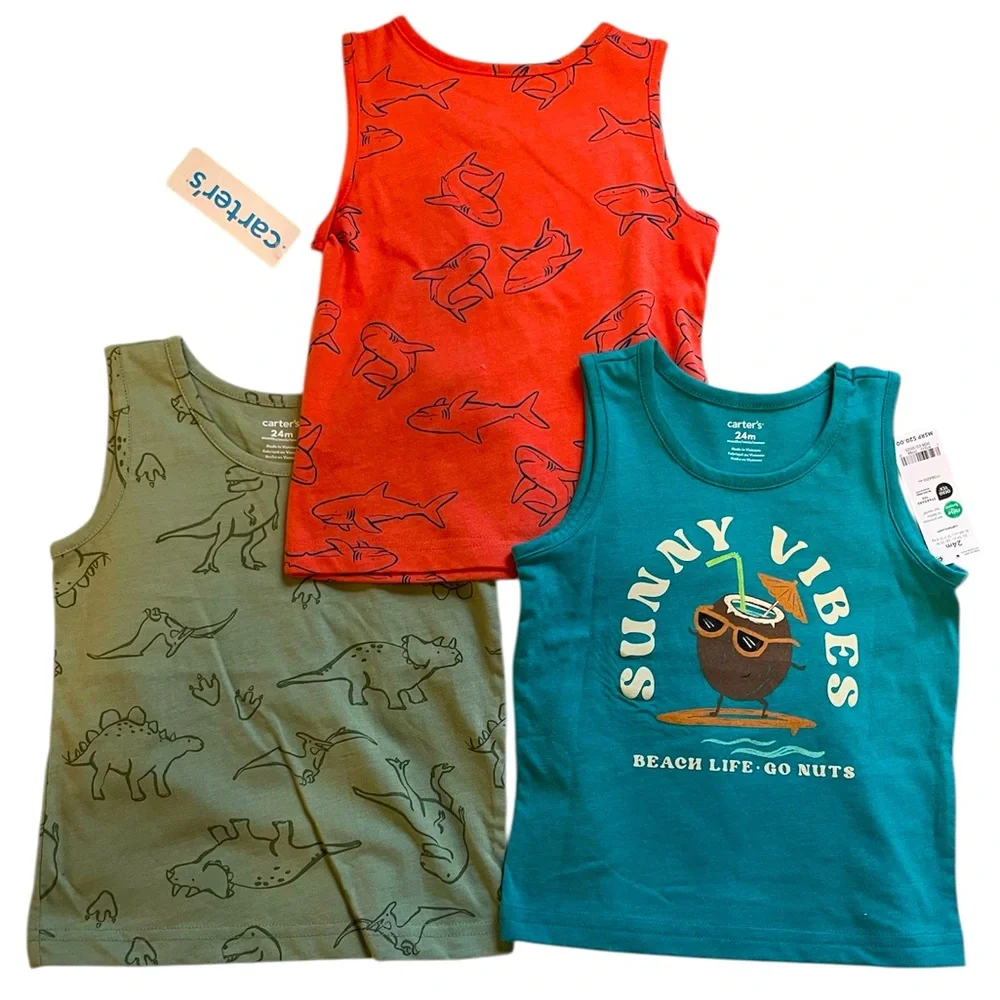 NWT Carter’s 3 Tank Top Sleeveless Shirts Toddler Baby Boy Summer Beach Dino